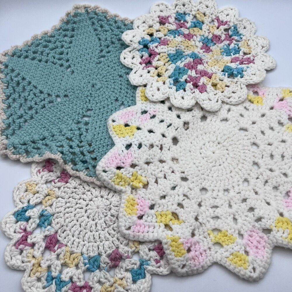 Set 4 Vtg Handmade Doilies Crocheted Pastel White Blue Pink Yellow 10" 14" Round